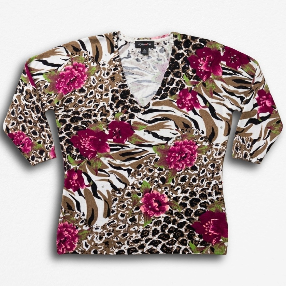 Peck & Peck Petite Animal Floral Beaded V-Neck Sweater Brown Magenta Small